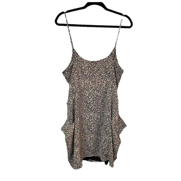 XXI Slouchy spaghetti strap mini dress circle print large black tan party - Picture 1 of 9